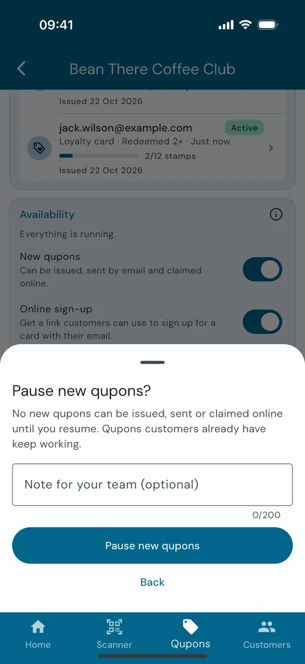 Confirming that new qupons will be paused, with a note for the team
