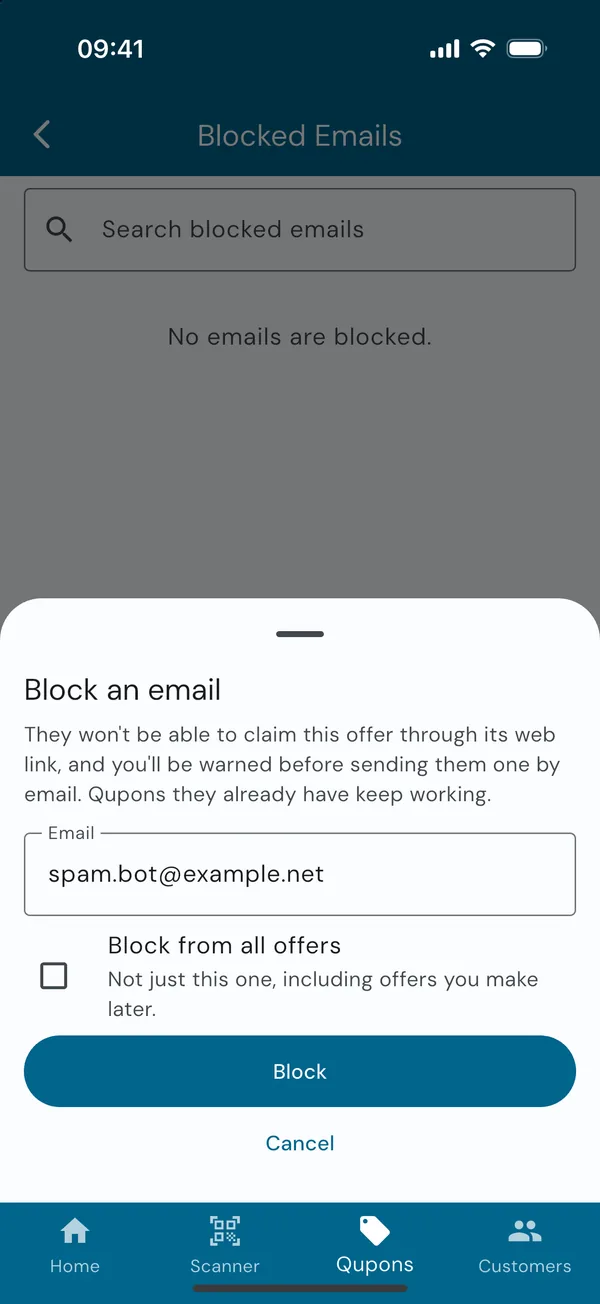 Typing an email address to block