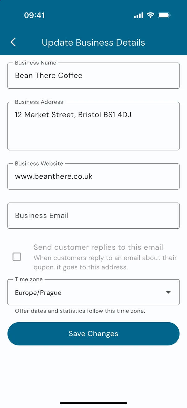 Updating the business details, email and time zone