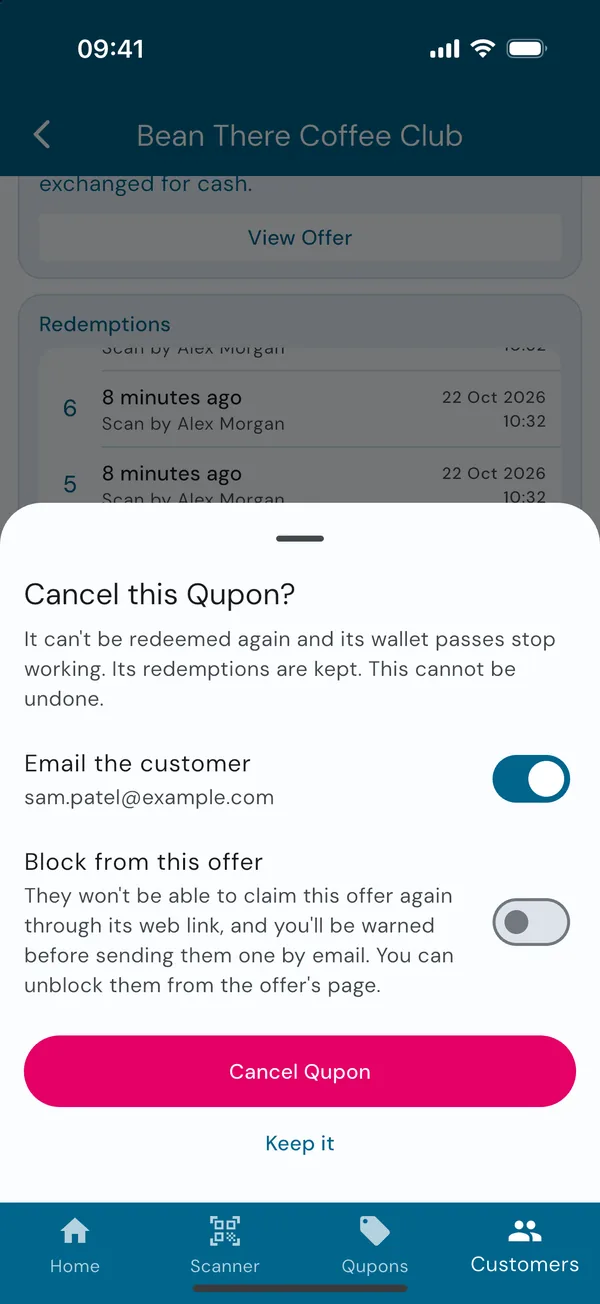 Confirming a cancellation, with options to email and block the customer