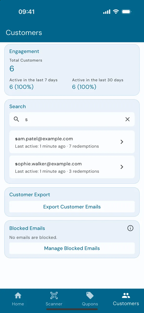 Customers whose email starts with what you have typed