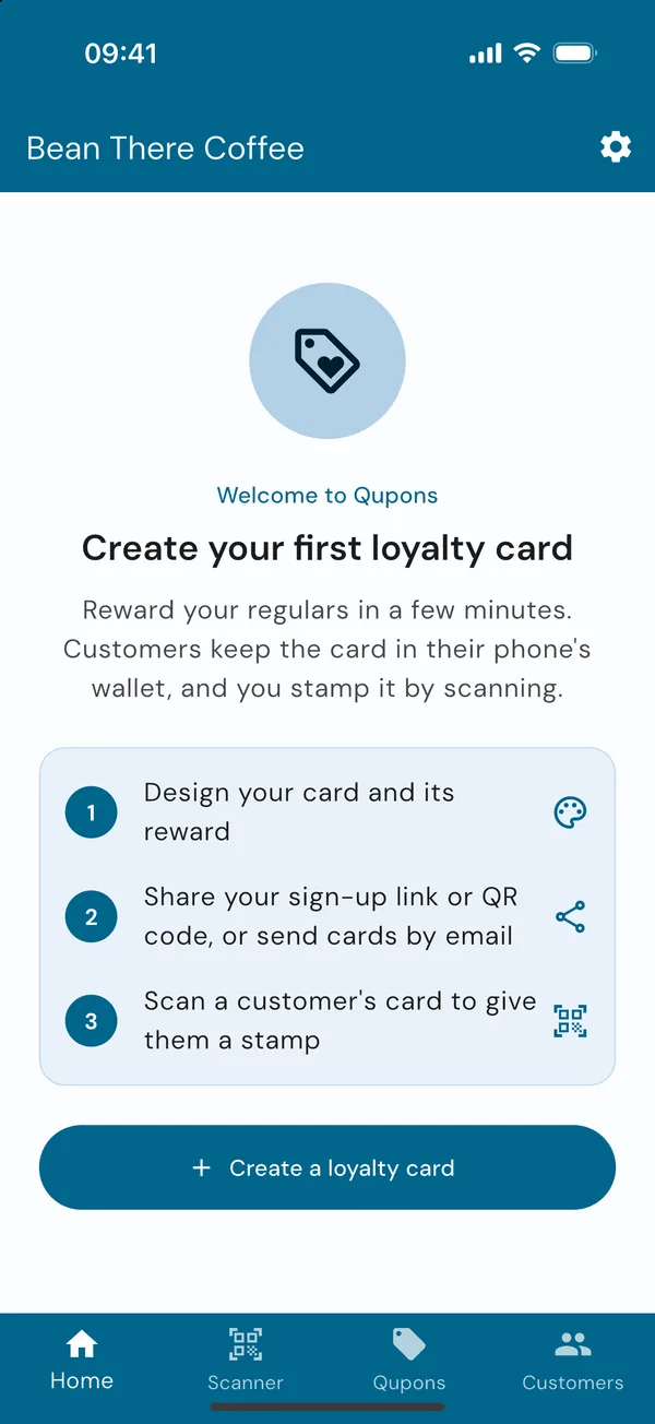 The home screen of a new business