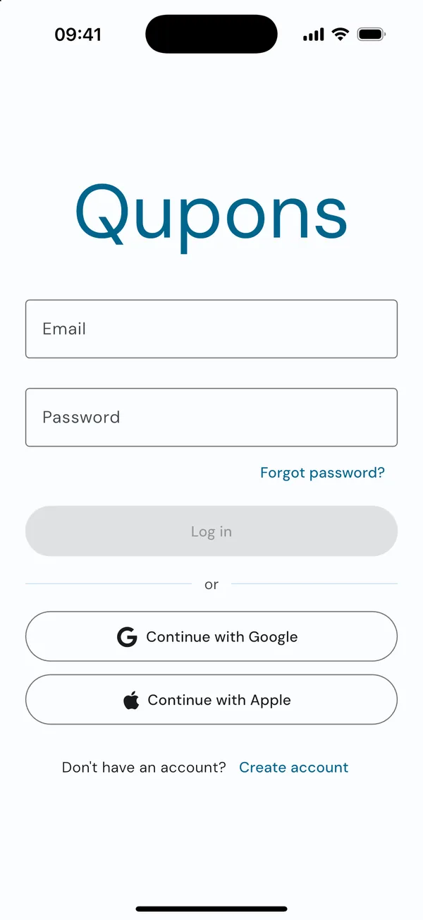 The Qupons sign-in screen