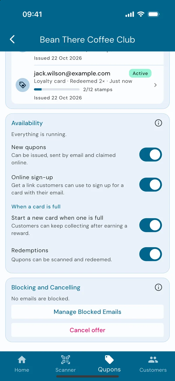 Blocking and Cancelling, at the foot of an offer's page