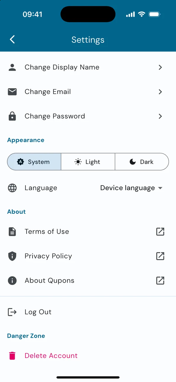 Appearance, language and About settings