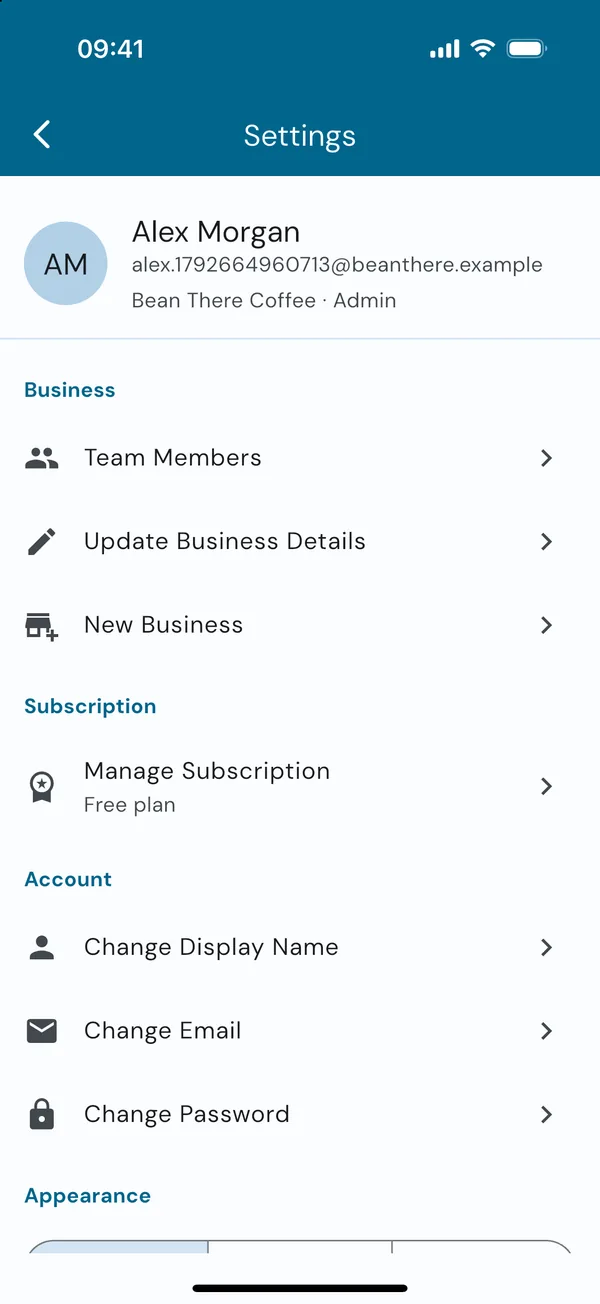 The top of the Settings page