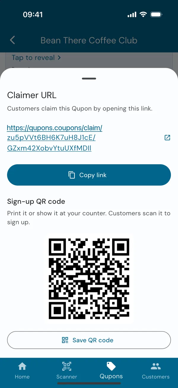 The sign-up link and its QR code, with Copy link and Save QR code