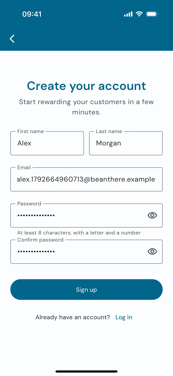 The sign-up form filled in
