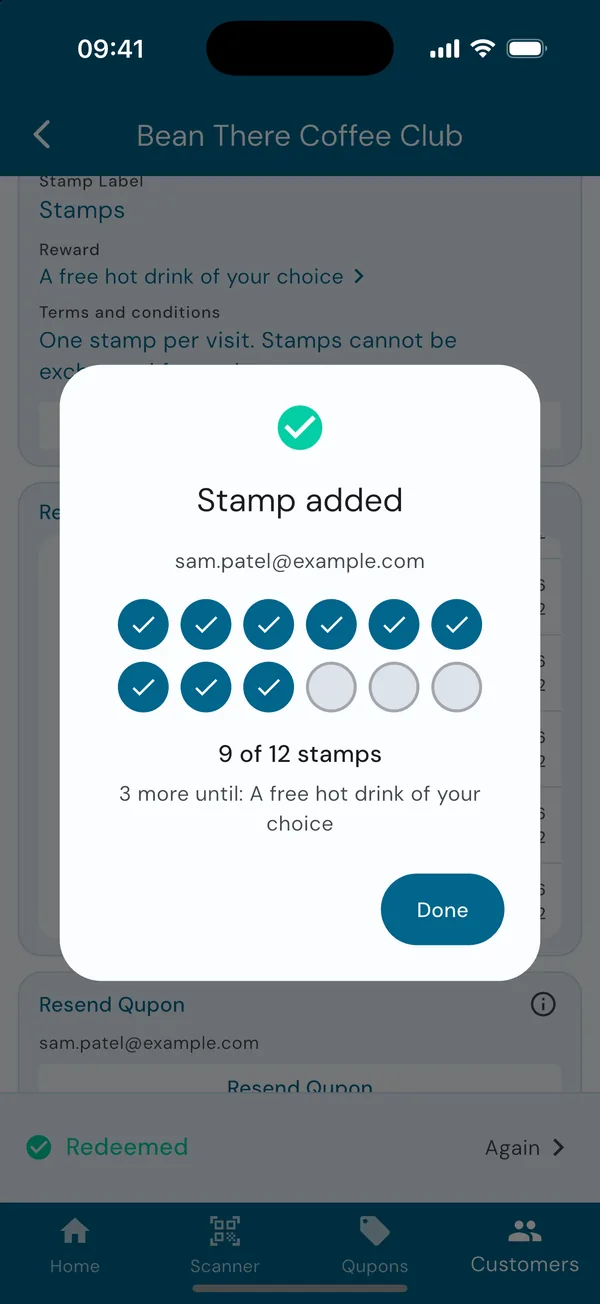Stamp added, showing how many stamps the customer has