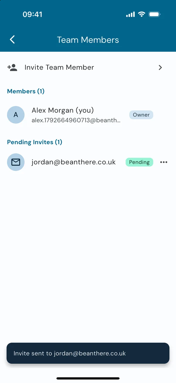 The invite listed as pending