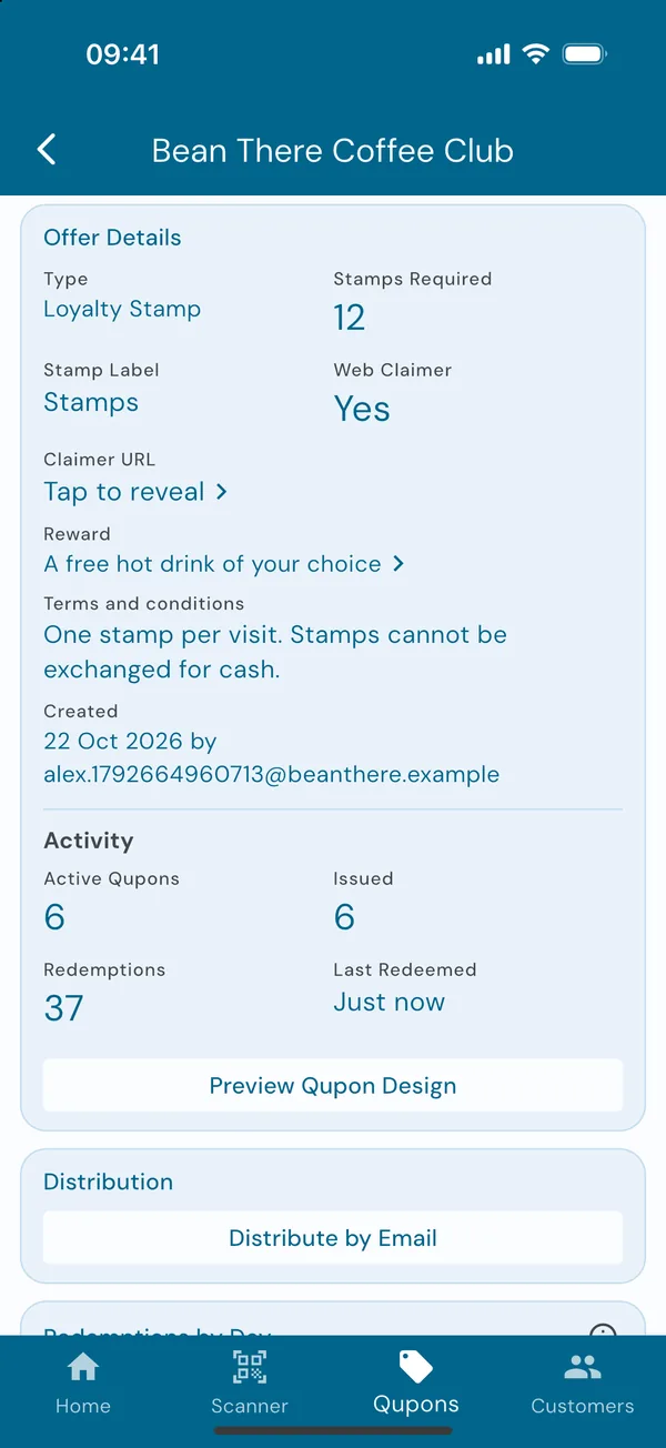 A loyalty card's details, with Distribute by Email