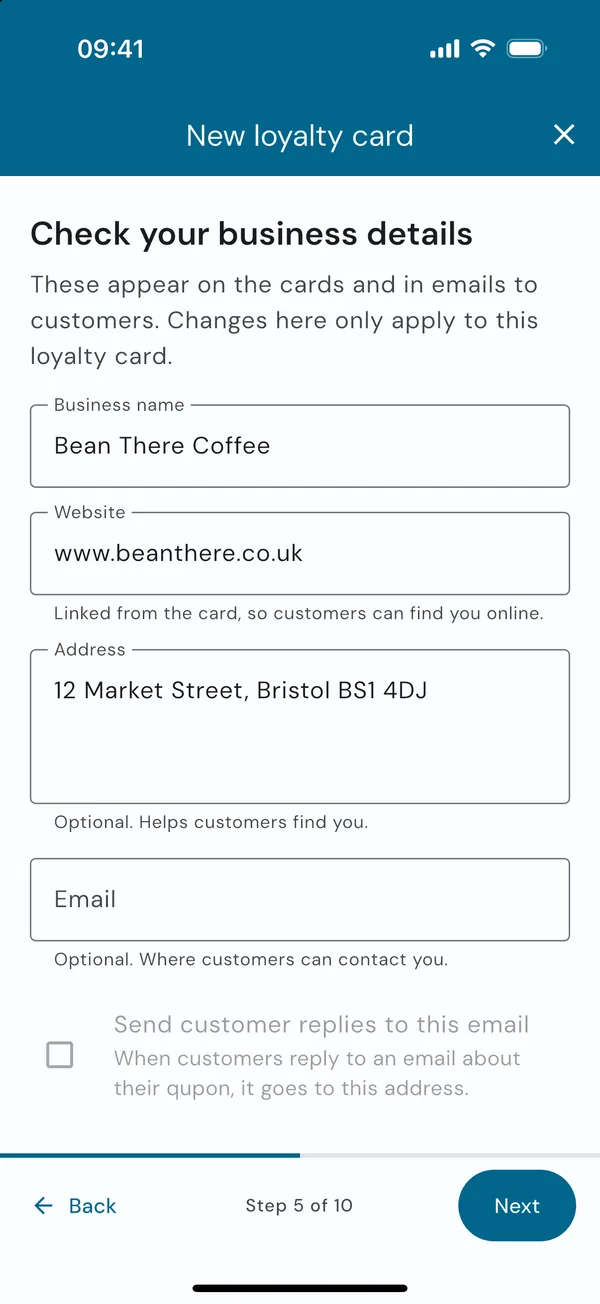 Checking the business details for the card