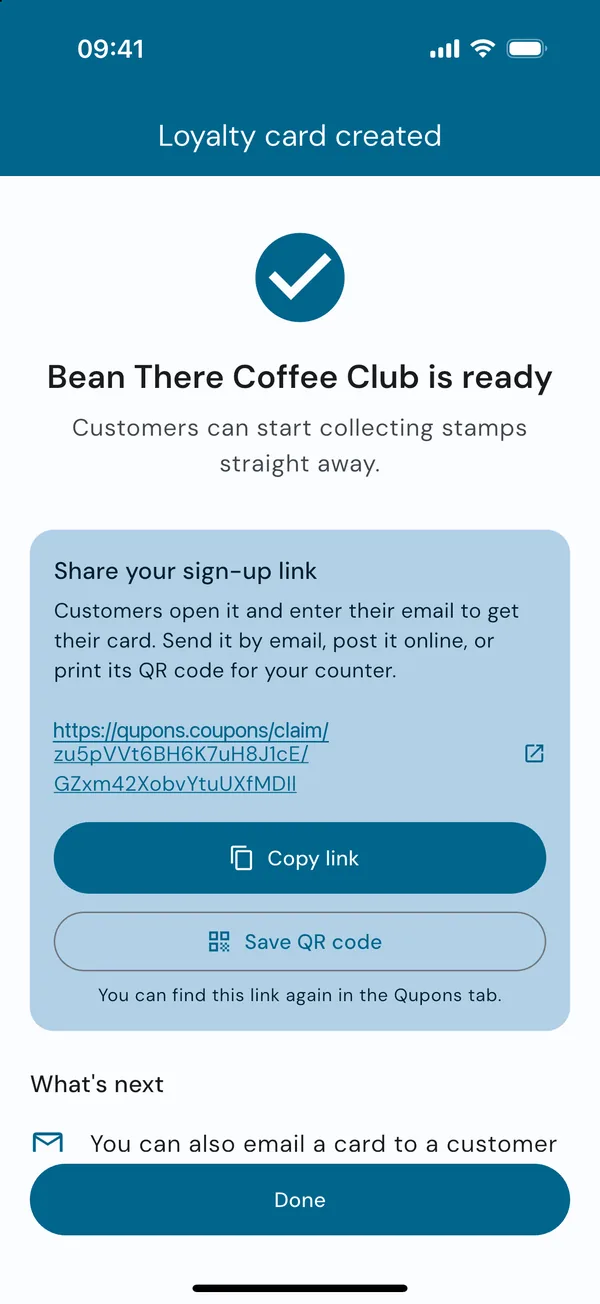 Loyalty card created, with a sign-up link to share