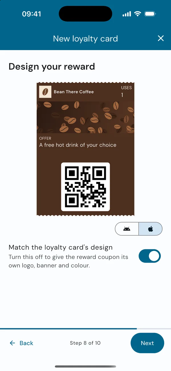 The reward coupon, matching the loyalty card's design